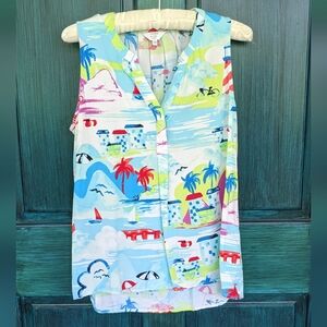 Crown & Ivy Beach Tropical Whimsy Print Sleeveless Blouse